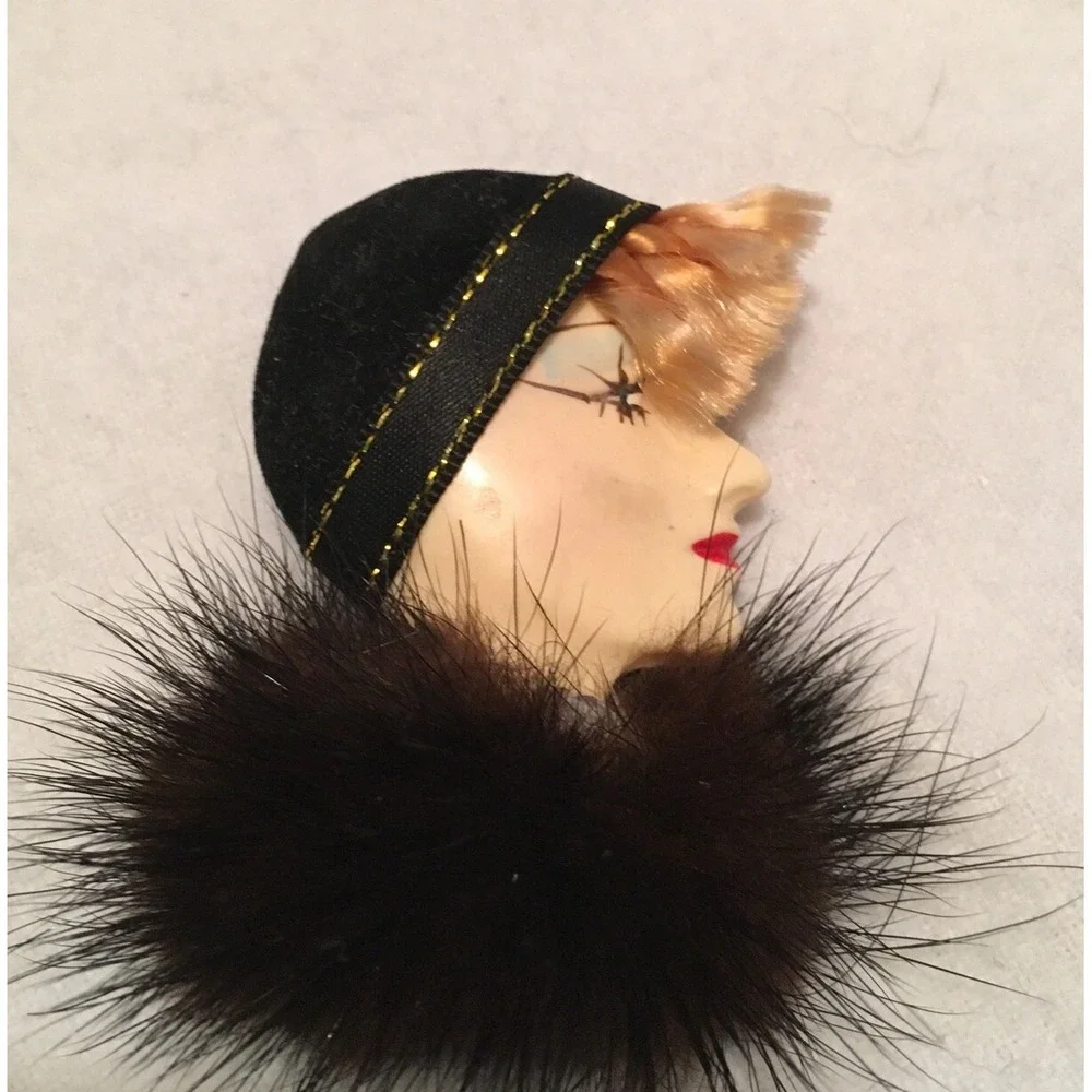 Vintage flapper Celluloid brooch with mink scarf